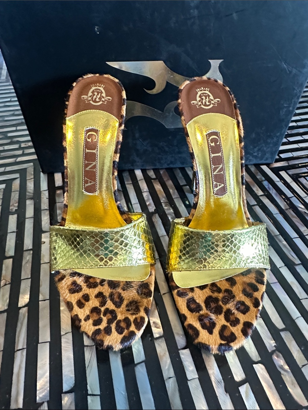 Gina Chessy Style Gold Metallic Python and Jaguar Print 1 Band Slide Mules 👡👡
